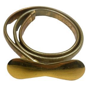 80s Vintage Flexible Thin Brass Tone Metal Belt with Bow Clasp Buckle S/M